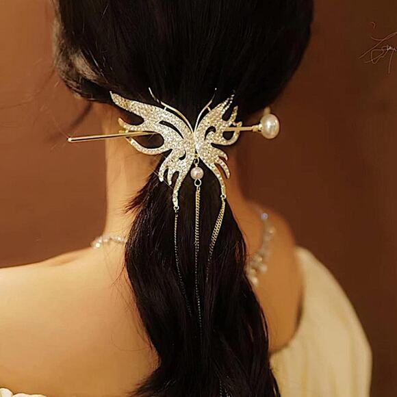 Rhinestone Gold Butterfly Hair Stick Chopsticks Hair Accessory - Picture 4 of 7